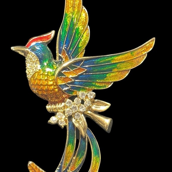 Hummingbird brooch, pin large, vibrant, colorful, feathers, enamel, rhinestones - Picture 2 of 9